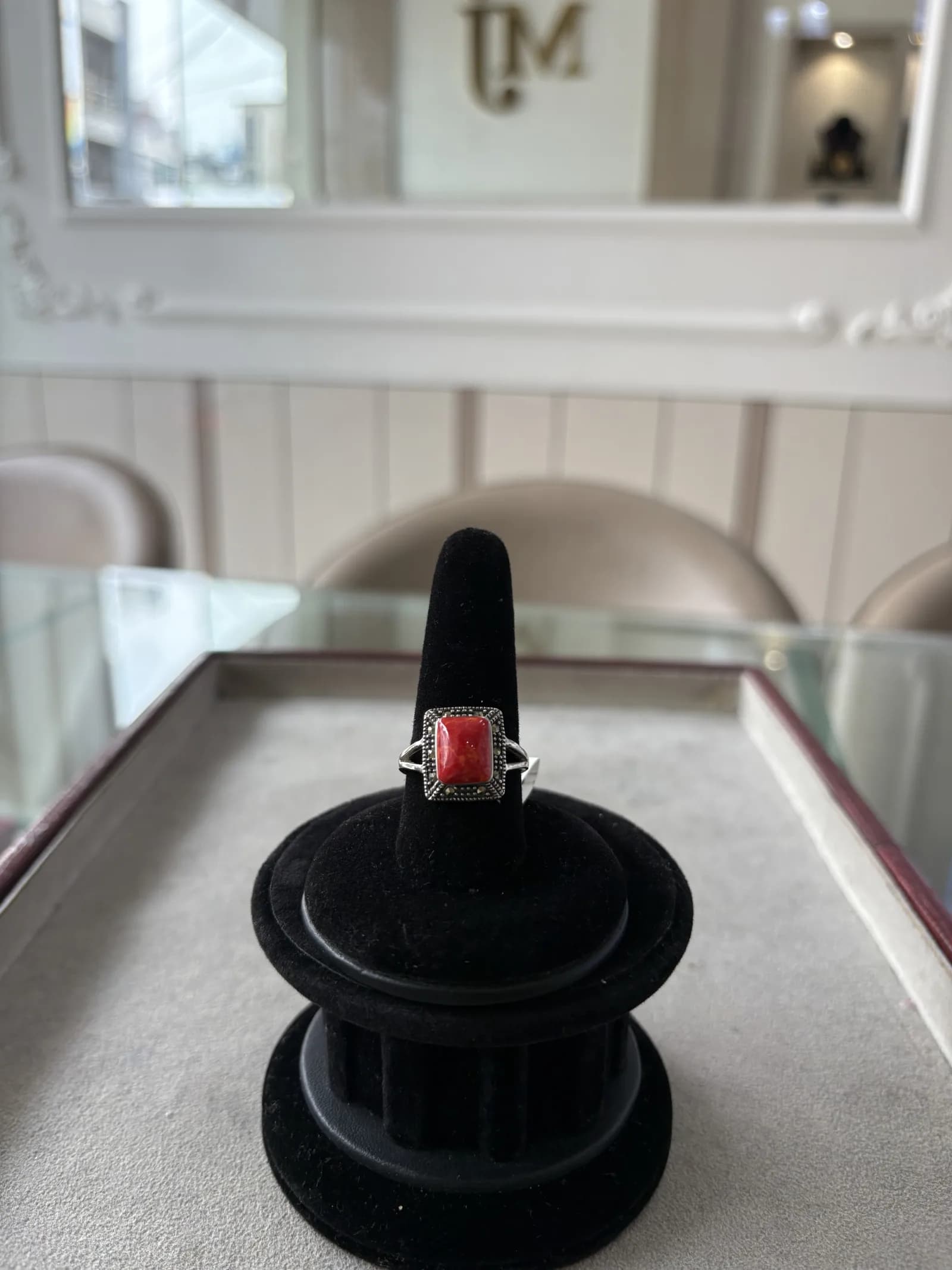 Coral Marcasite Ring in oxidised 925 sterling silver, photo 2