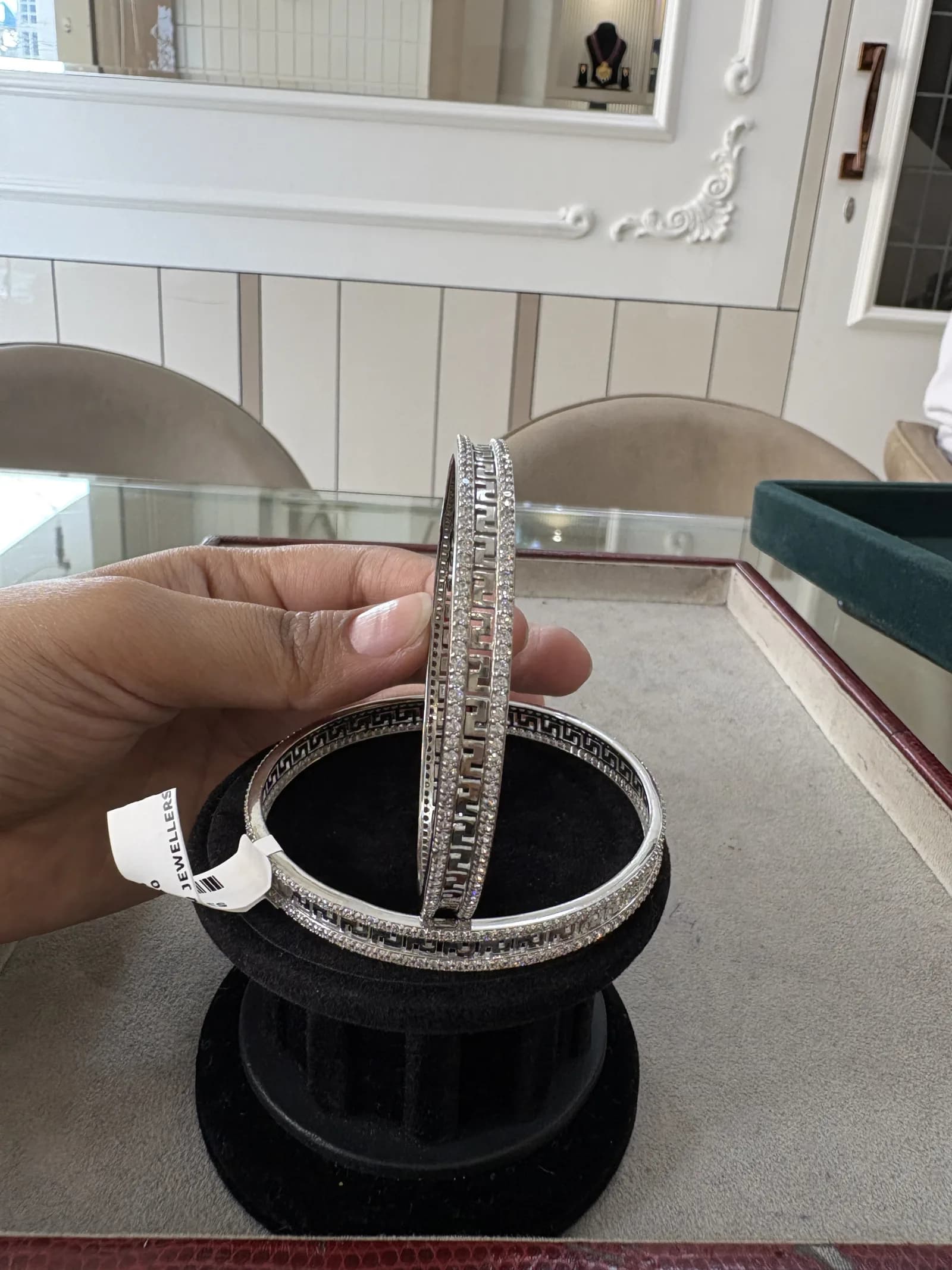 Greek Key Pave Bangle in rhodium polished 925 sterling silver, photo 2