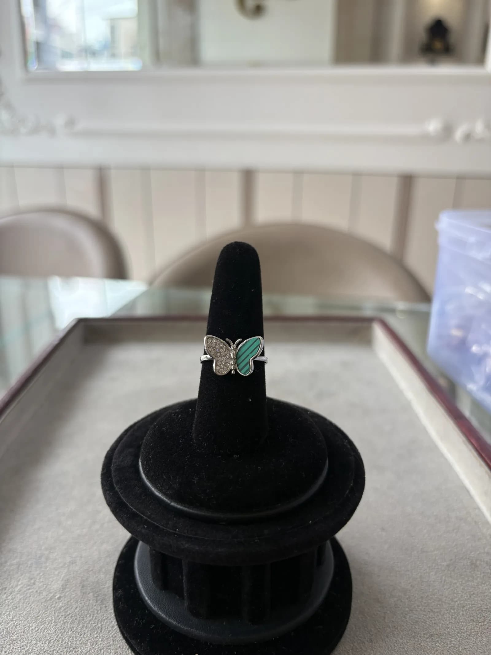 Malachite Butterfly Ring in rhodium plated 925 sterling silver, photo 2