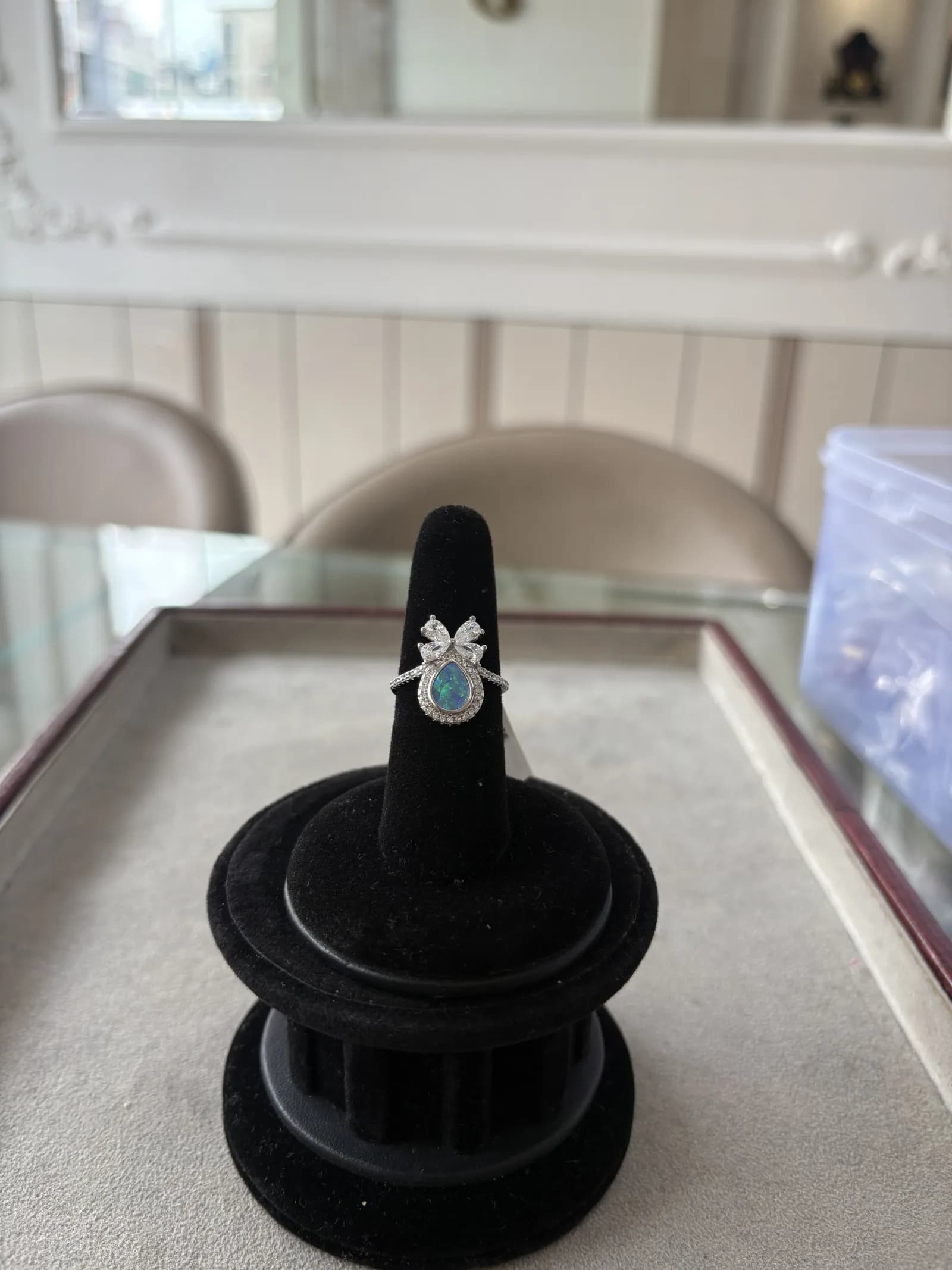 Opal Drop Bow Ring in rhodium plated 925 sterling silver, photo 2