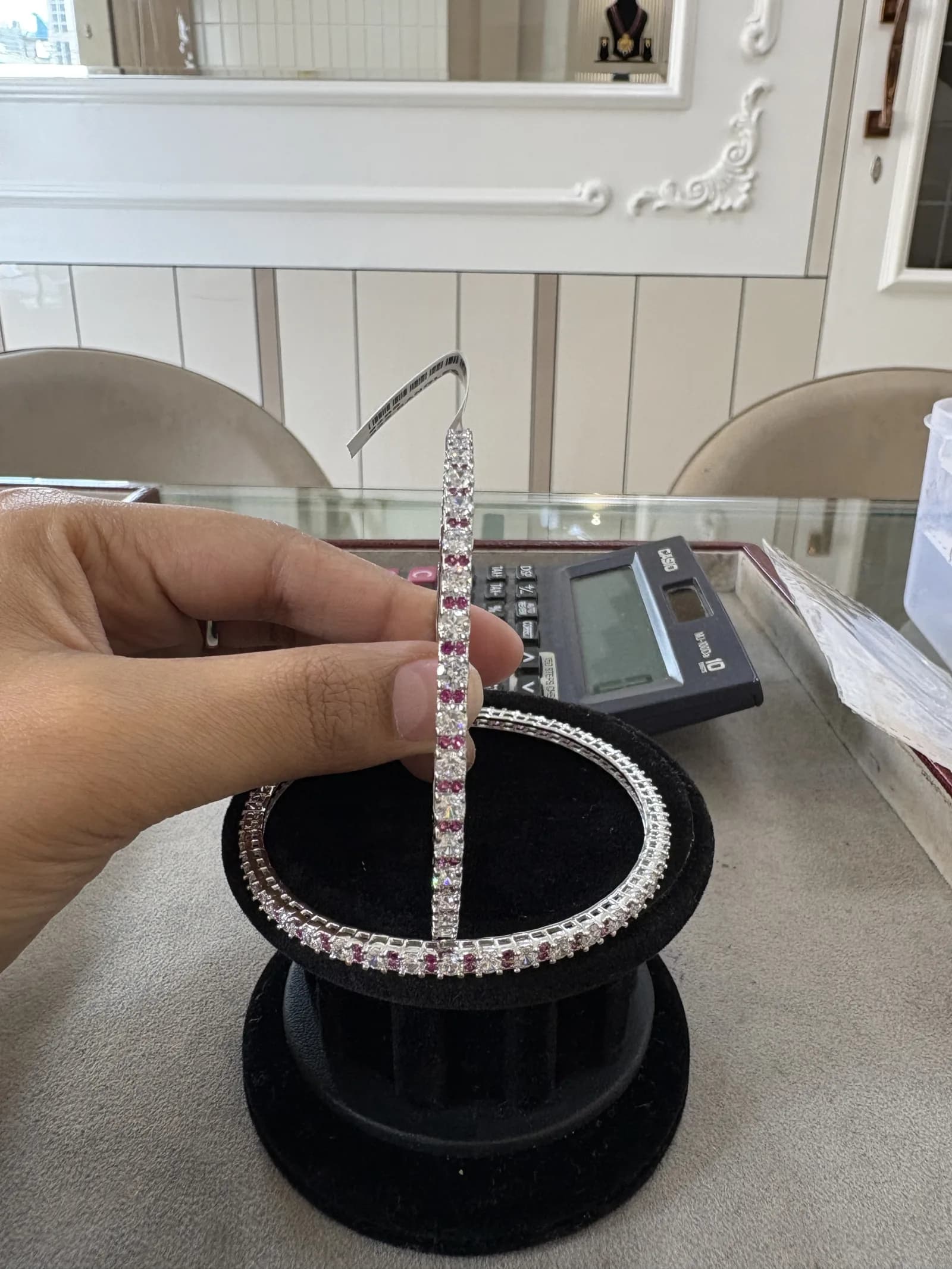 Pink and White Eternity Bangle in rhodium polished 925 sterling silver, photo 2