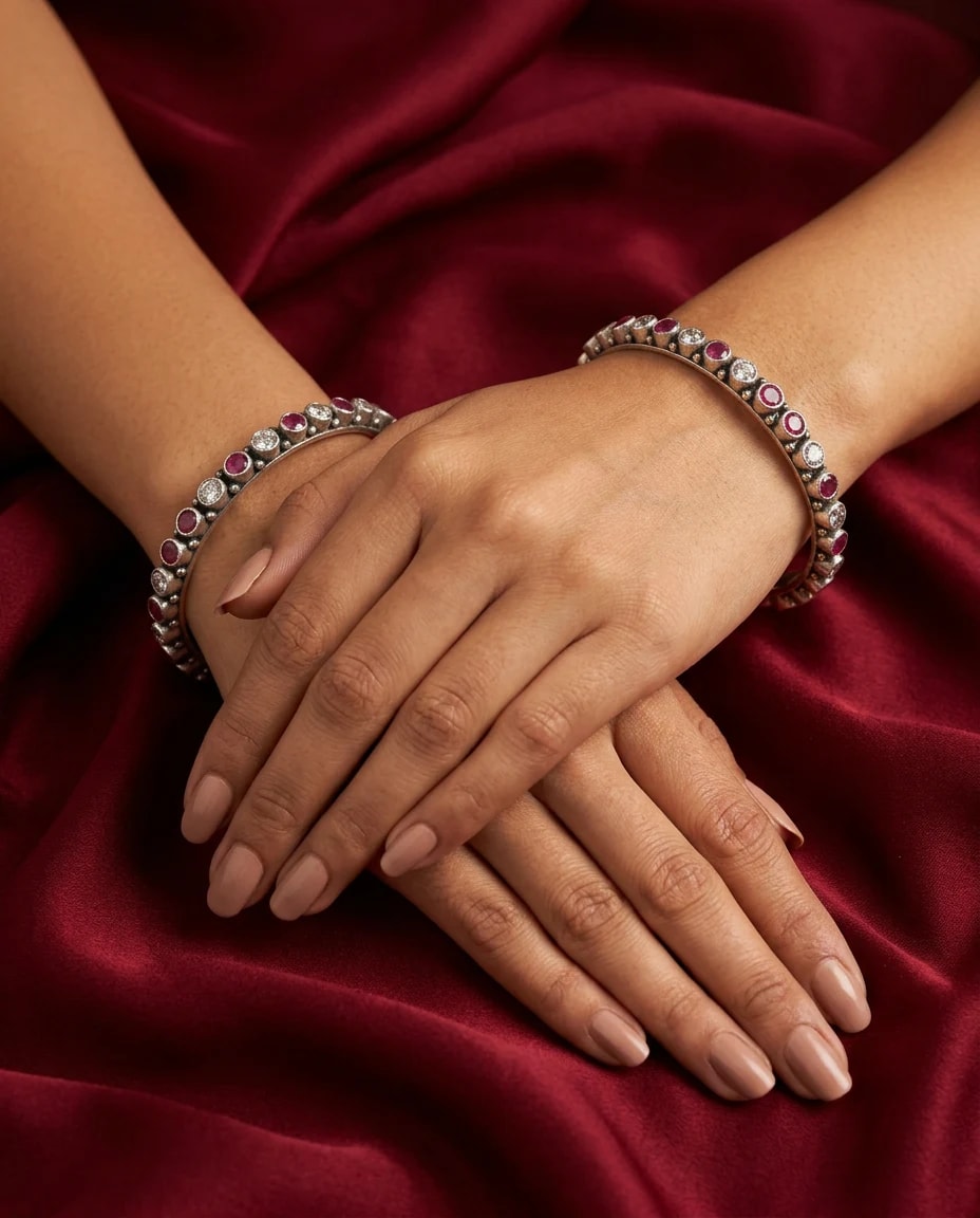 Ruby Bezel Bobble Bangle in oxidised 925 sterling silver, photo 1