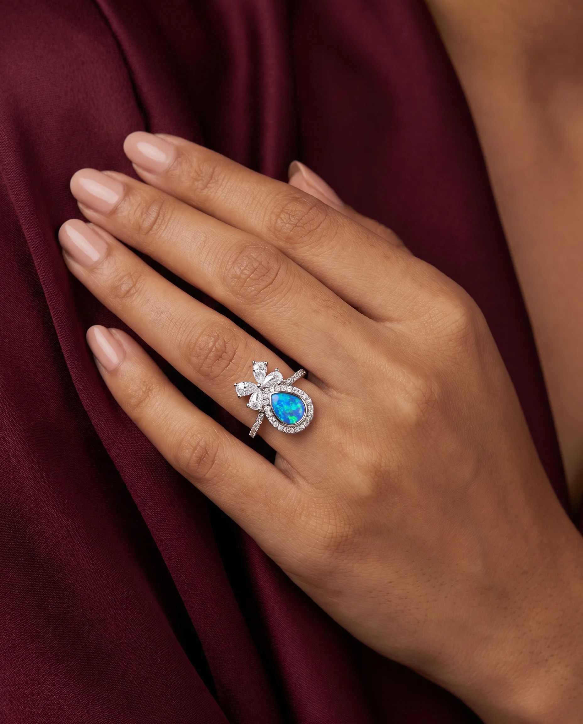 Opal Drop Bow Ring in rhodium plated 925 sterling silver, photo 1