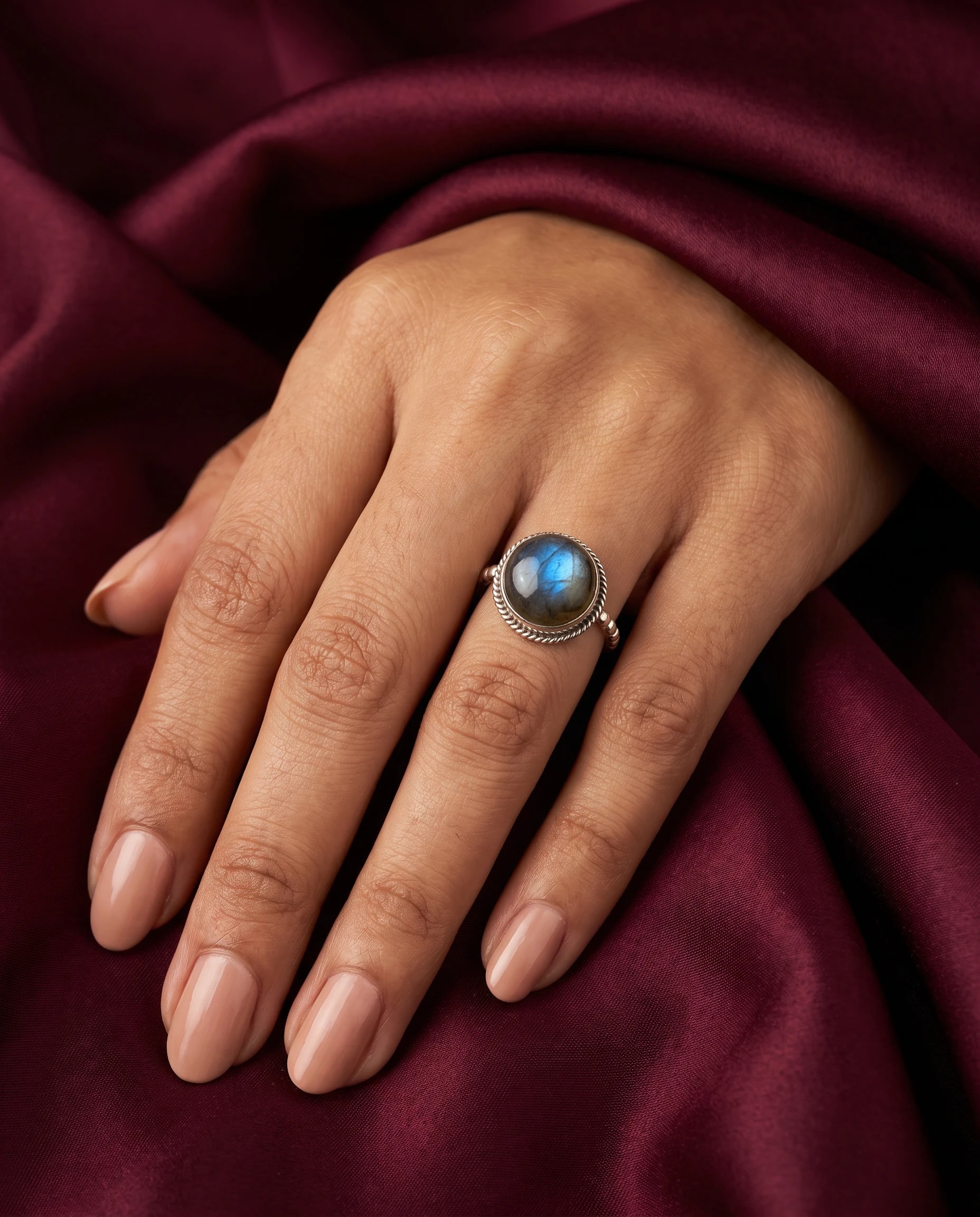 Labradorite Moon Ring in rhodium plated 925 sterling silver, photo 1