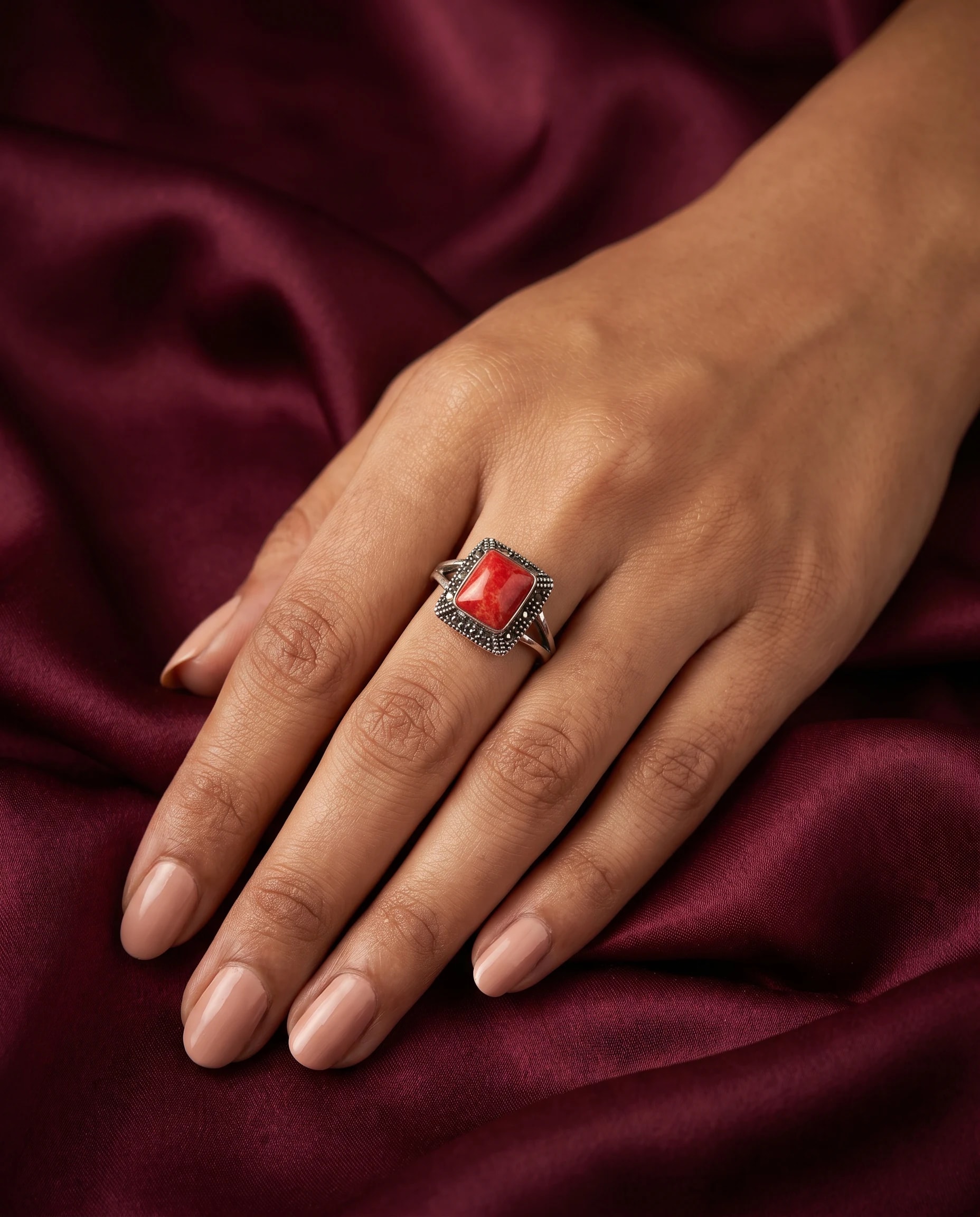 Coral Marcasite Ring in oxidised 925 sterling silver, photo 1