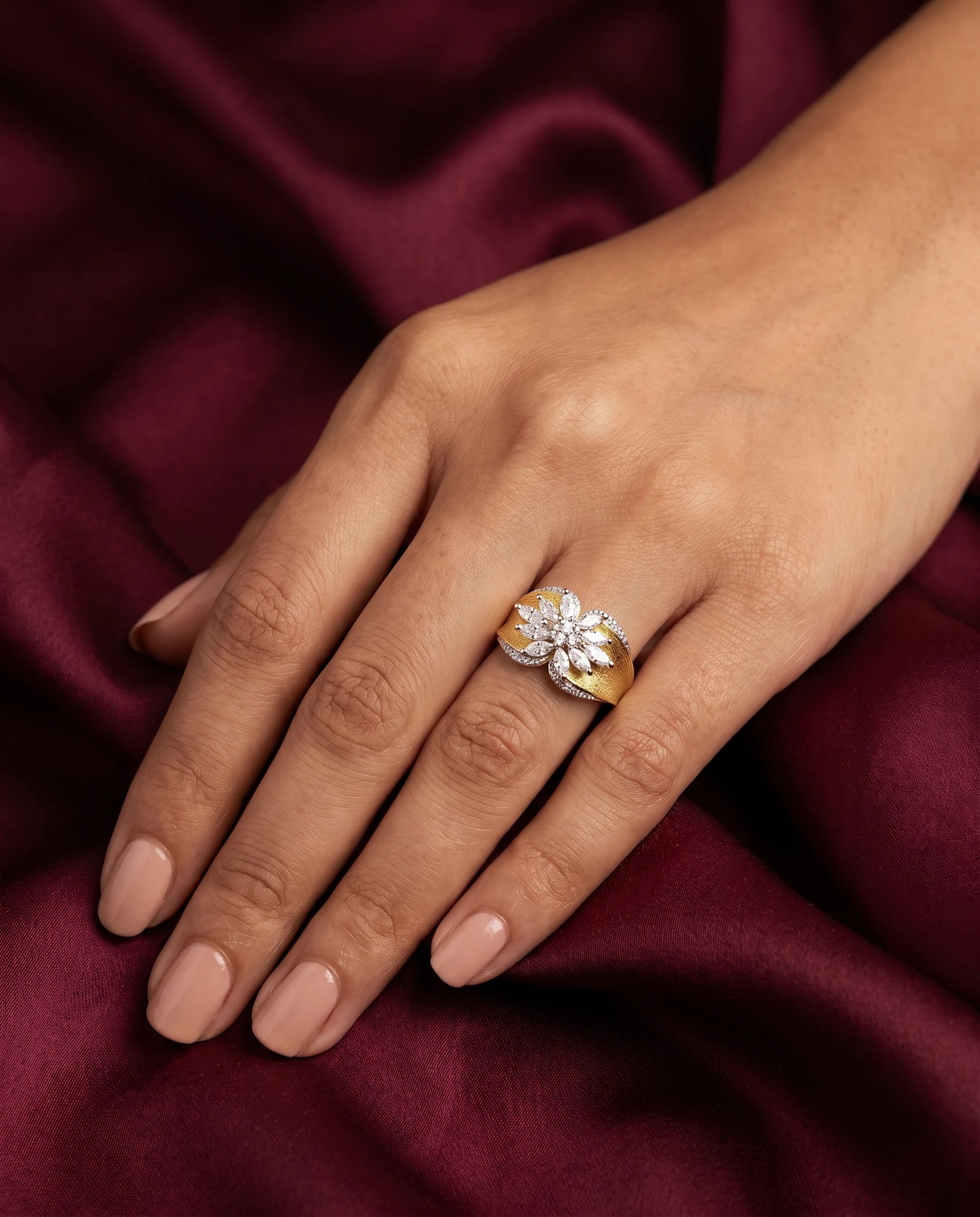 Sona Marquise Flower Ring in gold plated 925 sterling silver, photo 1