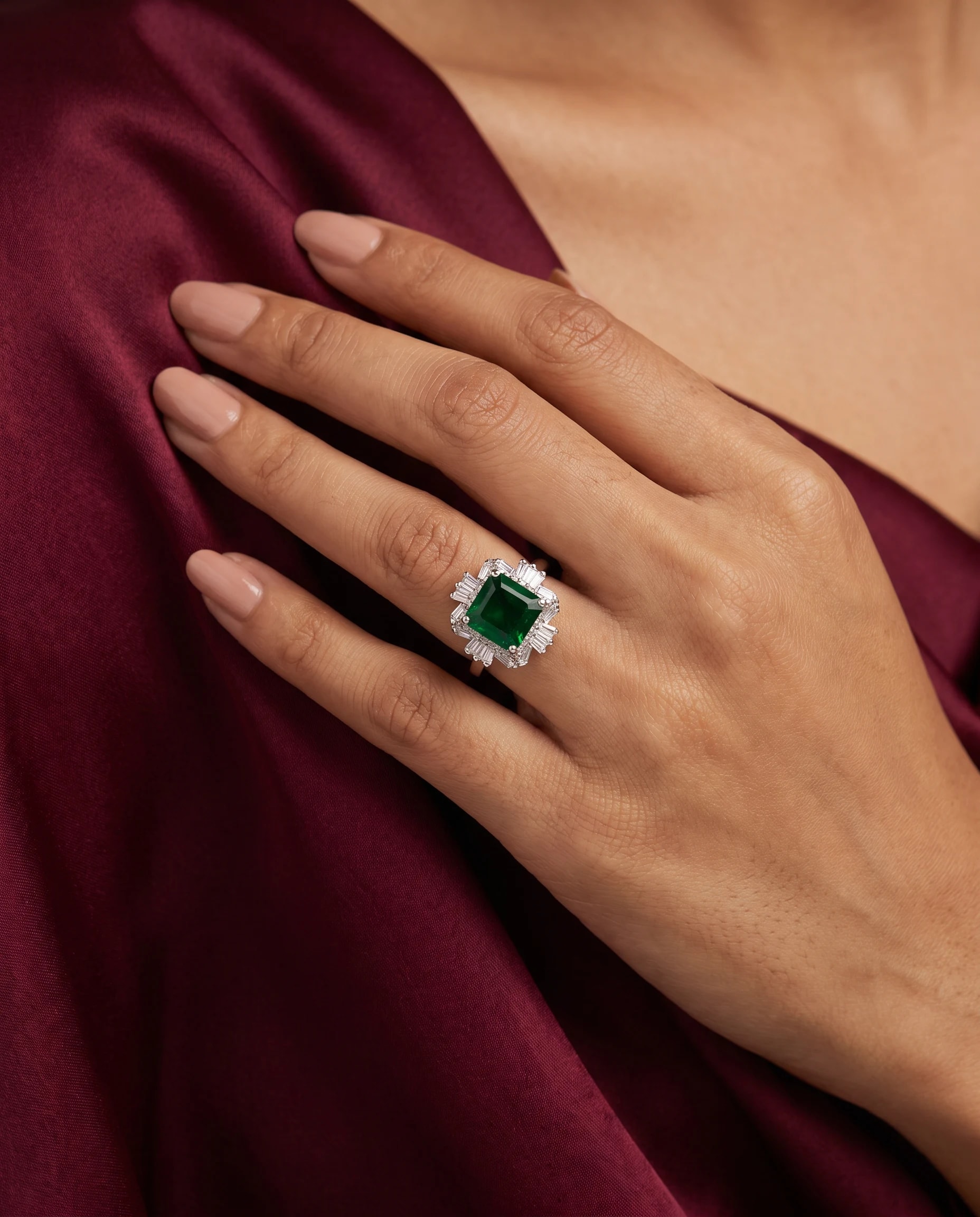 Emerald Square Halo Ring in rhodium plated 925 sterling silver, photo 1