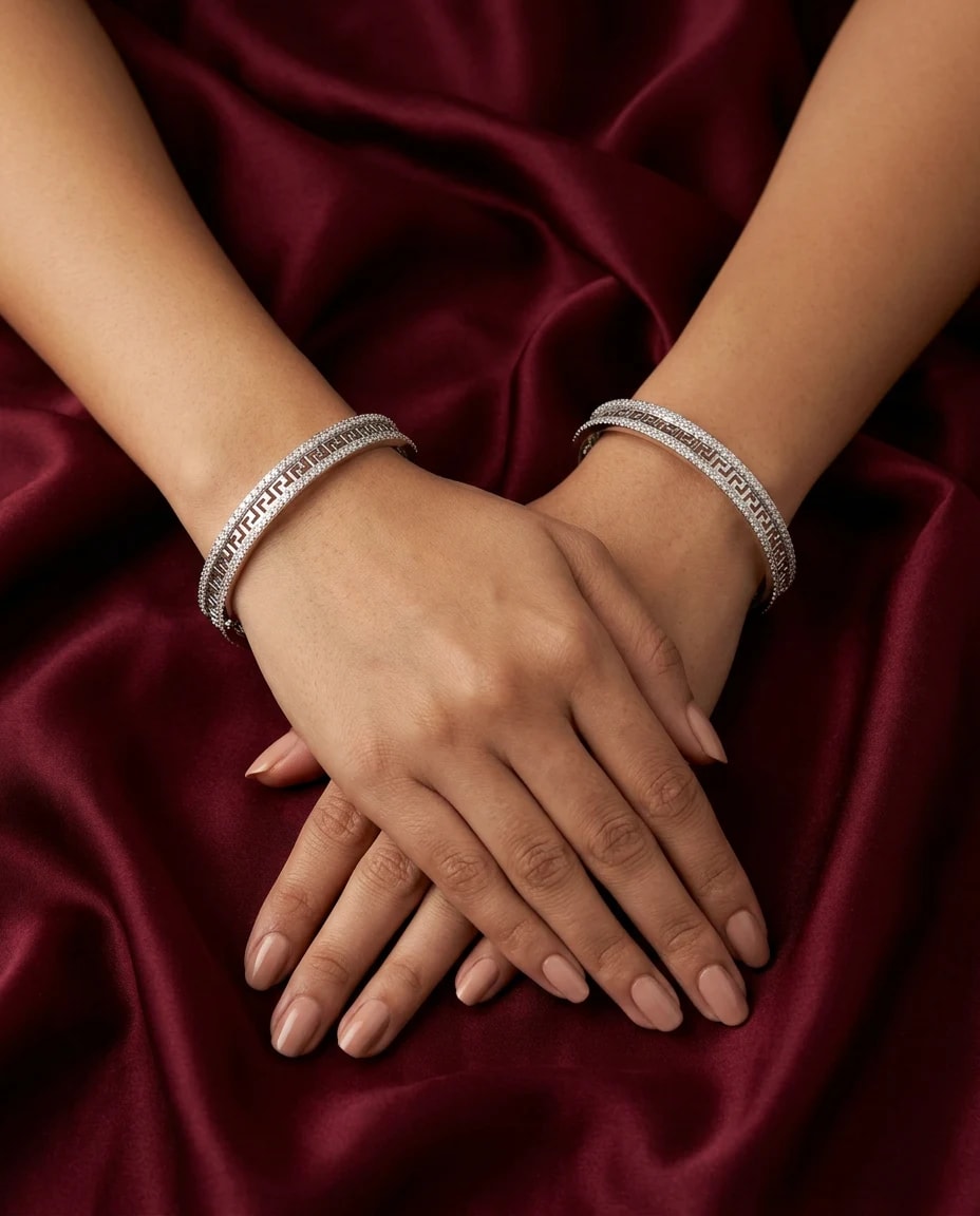 Greek Key Pave Bangle in rhodium polished 925 sterling silver, photo 1