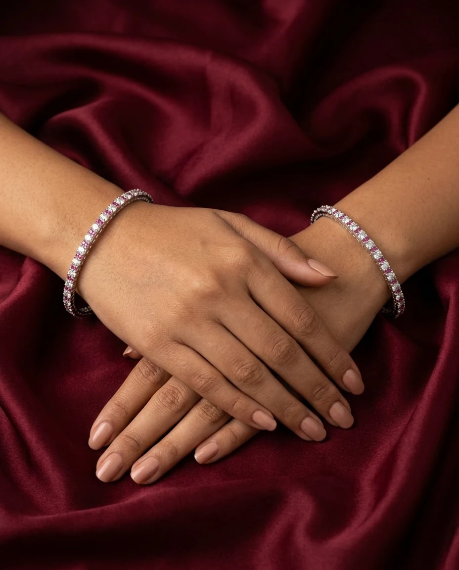 Pink and White Eternity Bangle in rhodium polished 925 sterling silver, photo 1